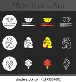 Chinese culture dark theme icons set. Jiaozi dumpling. Laughing Buddha. Symbol of prosperity. Lucky charm. Red knot. Linear white, solid glyph and RGB color styles. Isolated vector illustrations