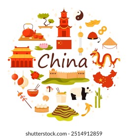 Chinese culture elements and famous architecture, food and animals of China, round infographic banner design. Ancient temple and dragon, panda and tea ceremony in circle cartoon vector illustration