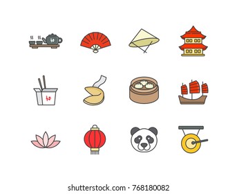 Chinese culture flat line colored icons set with tea ceremony, fan, hat, architecture, take out box, fortune cookie, dim sum, ship, lotus, lantern, panda, gong.