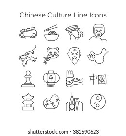 Chinese Culture Icons, Culture Signs of China, Traditions of China, Chinese Life, National Objects of China, Line Icons, Stroke Icons, Chinese Culture Line Icons