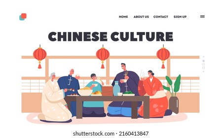 Chinese Culture Landing Page Template. Happy Traditional Asian Family Having Dinner at Home. Young and Old Male and Female Characters Parents, Grandparents and Kid. Cartoon People Vector Illustration