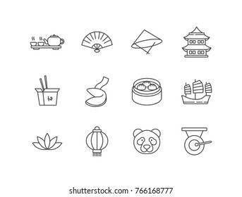 Chinese culture related line icons set with tea ceremony, fan, hat, architecture, food, fortune cookie, dim sum, ship, lotus, lantern, panda, gong.