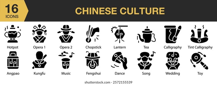 Chinese Culture solid icon set. Includes china, chinese, culture, traditional, oriental, and More. Solid icons vector collection.