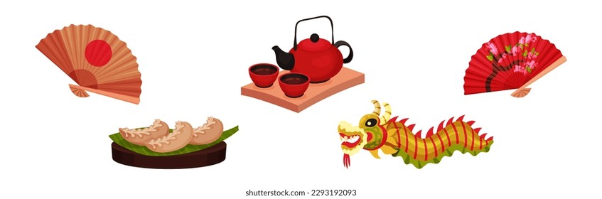 Chinese Culture Symbols with Fan, Dragon, Dumplings and Tea Vector Set