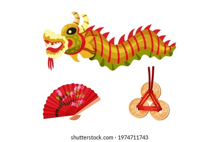 Chinese Culture Symbols with Gold Coin Amulet and Dragon Vector Set