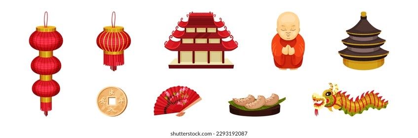 Chinese Culture Symbols with Pagoda Temple and Buddhist Monk Vector Set