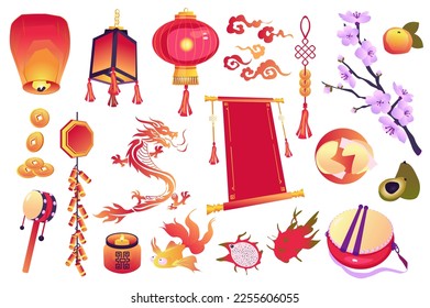 Los símbolos de la cultura china establecen elementos gráficos en el diseño plano. Montón de linternas de cielo rojo, monedas, dragón, velas, fruta de dragón, rama de sakura, persimón y otros. Ilustración vectorial de objetos aislados