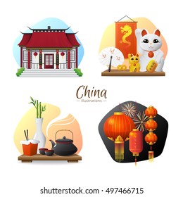Chinese culture traditions and symbols 4 stylish compositions set  with tea ceremony and red lanterns isolated vector illusttration