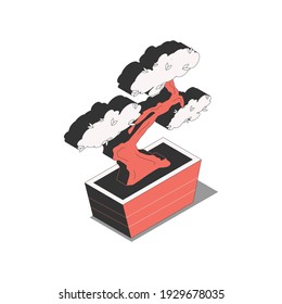 Chinese culture traditions symbols isometric composition with image of bonsai tree in flowerpot vector illustration