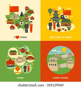 Chinese culture for travelers 4 flat icons square with traditional food  and sightseeing abstract isolated vector illustration