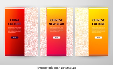 Chinese Culture Web Design. Vector Illustration of Outline Posters.