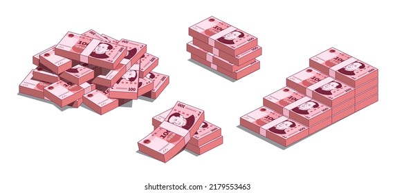 Chinese currency 100 yuan, a bundle set of banknotes in various shapes. 