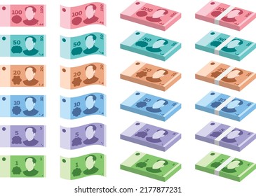 Chinese currency yuan. flat simple illustration collection of banknotes of the Chinese yuan isolated on white background.