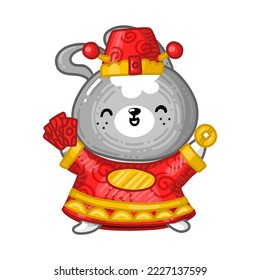 Chinese cute rabbit is happy to celebrate Chinese New 2023 Year. It is jumping and smiling. Bunny wears a red hanfu costum, hold gold coin and cards