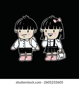 Chinese cute students isolated. Vector.