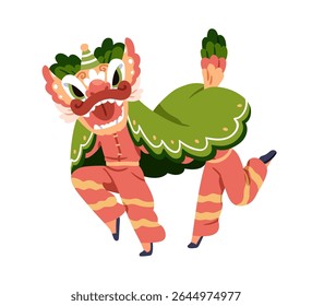 Apresentação de dança chinesa. Tradicional celebração do ano novo lunar com fantoche festivo. Artistas durante desfile de rua asiático, carnaval de férias. Ilustração de vetor plano isolada no plano de fundo branco