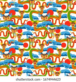Chinese dancing dragon. Kite festival. Seamless pattern for your print. Modern flat vector illustration isolated on white background.