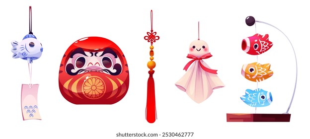 Chinese daruma doll, knot tassel and lucky carp vector decoration set. Koinobori element with hanging ghost toy. Japanese culture traditional craft. Mask and luck on rope for asian festival