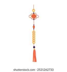 Chinese decoration with tassel, string knots, patterns. Traditional China ornament. Handmade hanging decor, festive Asian accessory, adornment. Flat vector illustration isolated on white background