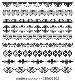 Chinese decoration, traditional antique korean pattern, vector asian seamless borders set. Korean border pattern, illustration of traditional oriental japanese pattern.