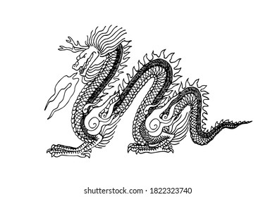 chinese decorative horned dragon with fishnet skin & flames, symbol of good luck, vector illustration with black ink contour lines isolated on a white background in a hand drawn style