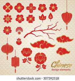 Chinese Decorative Icons, Clouds, Flowers and Lantern. Vector Illustration. Sakura Branch, Peony.