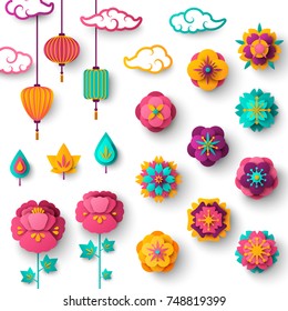 Chinese Decorative Icons, Clouds, Flowers and Lights in Modern 3d Paper cut style. Vector Illustration. Sakura, Peony and Lanterns.
