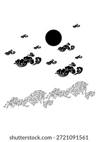 Luna decorativa china y nubes Vector y olas.