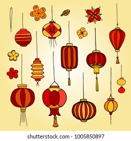 Chinese decorative paper sky lantern for Chinese New Year. Vector Illustration.