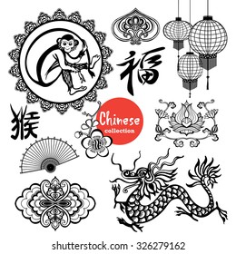 Chinese design elements set with asian lanterns and decorative fan isolated vector illustration