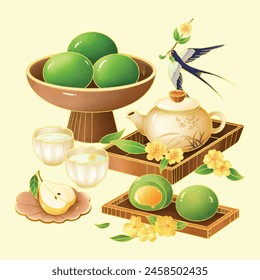 Chinese dessert green mochi and teapot and flowers