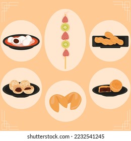 Chinese desserts. Icon set. National sweets. Asian food.