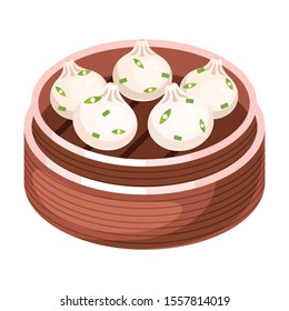 Chinese dim sum color icon. Asian small bite buns in basket. Eastern traditional cuisine. Steamed dish with different fillings. Dumpling with meat, vegetables, spices. Isolated vector illustration