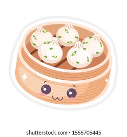 Chinese dim sum cute kawaii vector characters set. Asian dish with smiling face. Eastern traditional cuisine. Dumpling with spices. Funny emoji, emoticon. Isolated cartoon color illustration