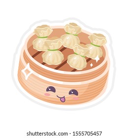Chinese dim sum cute kawaii vector characters set. Asian dish with smiling face. Eastern traditional cuisine. Type of dumplings. Funny emoji, emoticon. Isolated cartoon color illustration
