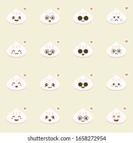 Chinese dim sum cute kawaii vector character. Asian traditional dish with smiling face. Eastern cuisine. Dumplings with spices. Funny emoji, emoticon. Isolated cartoon color illustration