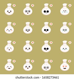 Chinese dim sum cute kawaii vector characters. Asian dish with smiling face. Eastern traditional cuisine. Dumpling with spices. Funny emoji, emoticon. Isolated cartoon color illustration