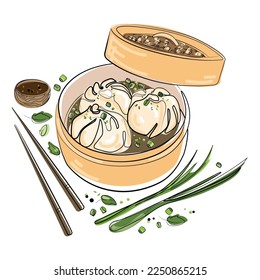 Chinese Dim Sum dumplings in wooden steamer Vector color liner illustration isolated on white background.Asian traditional food dumplings logo,banner,poster,emblem template.Chinese meals menu concept