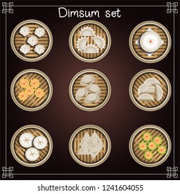 Chinese dim sum set in  bamboo steamer basket