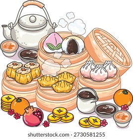 Chinese dim sum set illustration, variety of dumplings, shumai, buns and tea in bamboo steamer for Lunar New Year celebration, hand drawn vector