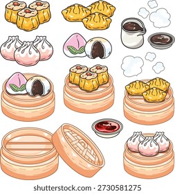 Chinese dim sum set illustration, variety of dumplings, shumai, buns and tea in bamboo steamer for Lunar New Year celebration, hand drawn vector