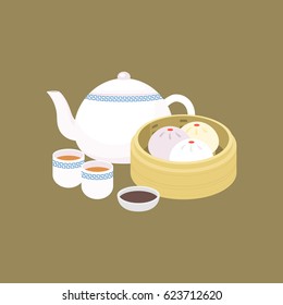 Chinese dim sum steamed bun in basket with porcelain teapot and black vinegar sauce, concept of cantonese cuisine in flat design vector