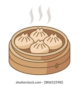 Chinese Dim Sum Steamed Dumplings Vector Illustration: Traditional Xiao Long Bao in a Bamboo Steamer Basket Isolated on White Background