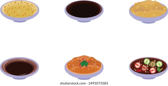 The Chinese dips sauce with bowl-Plum, Black Sweet Soy Sauce , Soy Bean Paste, sour(soy)sauce, Traditional Sukiyaki Sauce, Black Sweet Soy with pickled chili