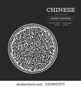 Illustration zum chinesischen Speiseplan. Vektorhandgezeichnet, einzeln auf der Spitze, Reisschale. Vintage Style asiatische Food Illustration.