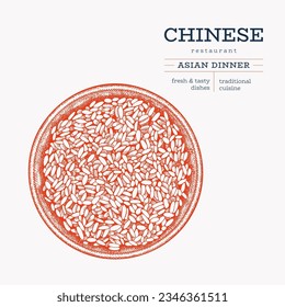 Chinese Dish Illustration. Vector Hand Drawn Isolated Top View Rice Bowl. Vintage Style Asian Food Illustration.