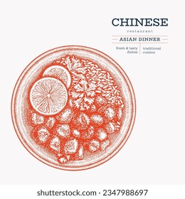 Chinese Dish Illustration. Vector Hand Drawn Isolated Sweet And Sour Meat Plate. Vintage Style Asian Food Illustration.