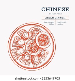 Chinese Dish Illustration. Vector Hand Drawn Isolated Wonton Plate. Vintage Style Asian Dumplings Set Illustration.
