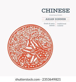 Chinese Dish Illustration. Vector Hand Drawn Isolated Stir Fry Bowl. Vintage Style Asian Fried Rice Illustration.