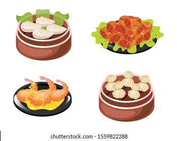 Chinese dishes color icons set. Dumplings types with meat and vegetables filling. Seafood, prawns and schrimps. Eastern traditional cuisine. Meat chops with sauce. Isolated vector illustrations